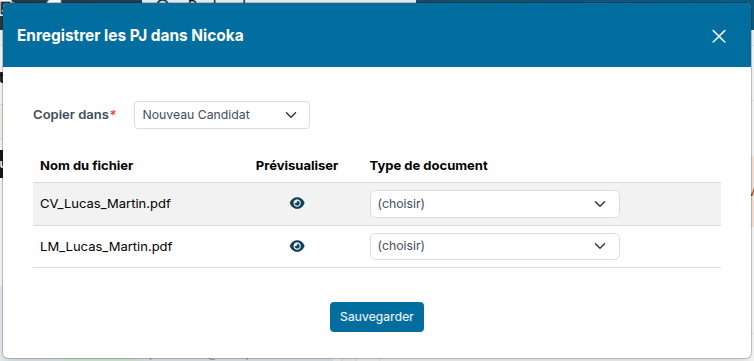 Fenêtre Enregistrer les PJ dans Nicoka, Copier dans : Nouveau Candidat