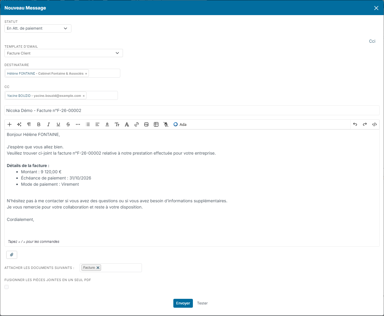 New message window of an invoice: status, template, recipient, invoicing contact in copy and attached PDF