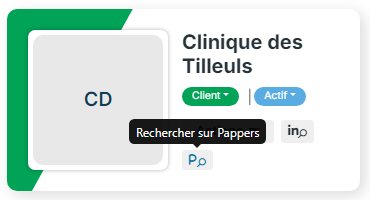 Account record with the Search on Pappers button below the status buttons