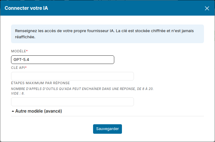 Fenêtre Connecter votre IA : liste Modèle et champ Clé API