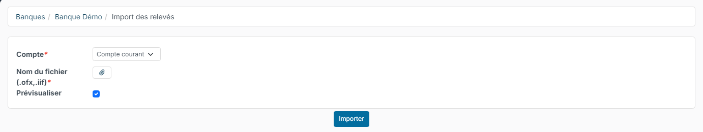 Écran Import des relevés avec le compte, le fichier .ofx ou .iif et la case Prévisualiser
