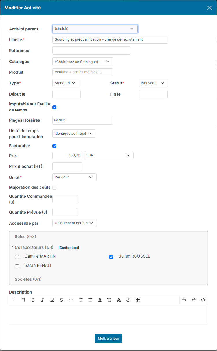 Activity edit window: time logging allowed, invoiceable, price of €450 per day and access reserved for one employee