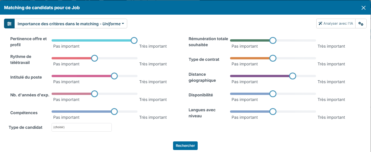 Curseurs d'importance des 10 critères du matching, filtre Type de candidat et bouton Rechercher