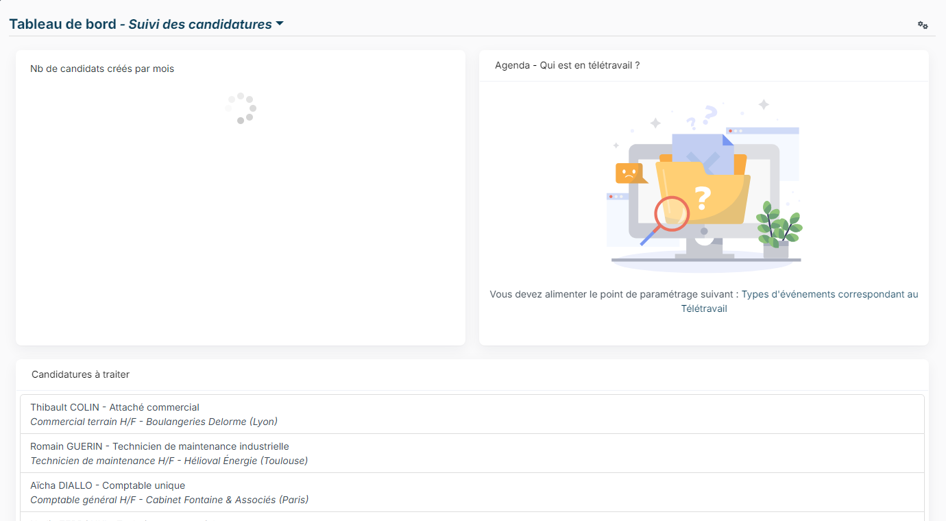 Suivi des candidatures dashboard with a chart, a widget waiting for a setting and the list of applications to process