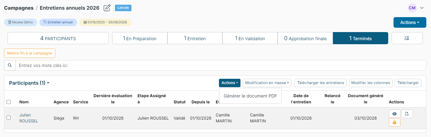 Étape Terminés d'une campagne, menu Actions avec Générer le document PDF