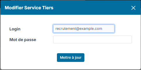 Fenêtre Modifier Service Tiers avec les champs Login et Mot de passe