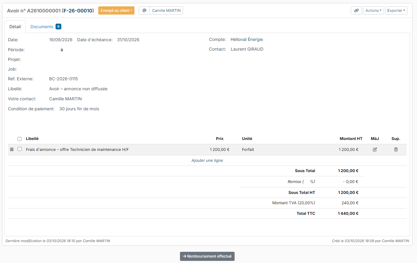 Credit note A2610000001 linked to invoice F-26-00010, with its lines and step button