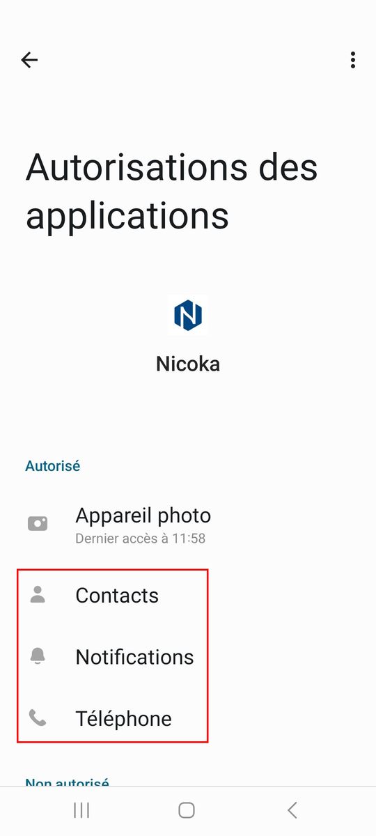 Android app permissions: Contacts, Notifications and Phone allowed for Nicoka
