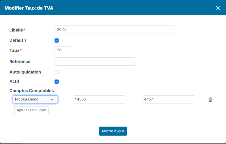 Fenêtre Modifier Taux de TVA : la ligne de la société porte le compte de TVA d'achat 44566 et le compte de TVA de vente 44571