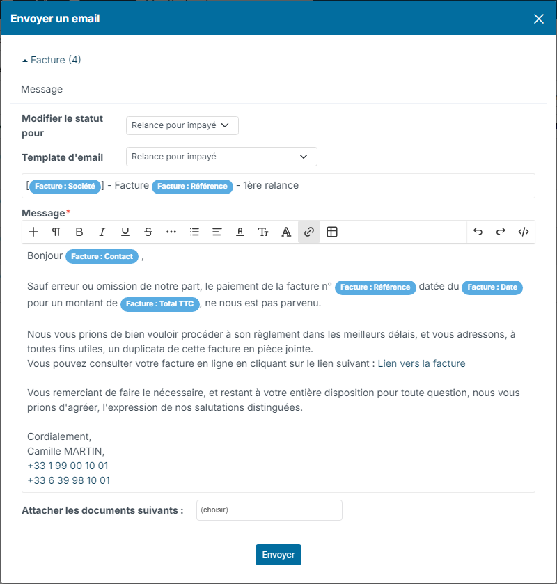 Send a message window for four invoices with the payment reminder template