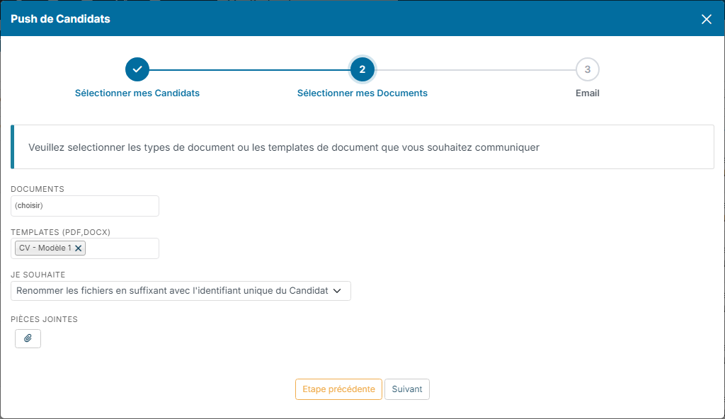 Étape 2 du push de candidats : documents, templates et pièces jointes