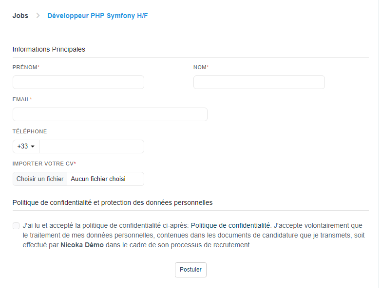 Career site application form with the consent checkbox