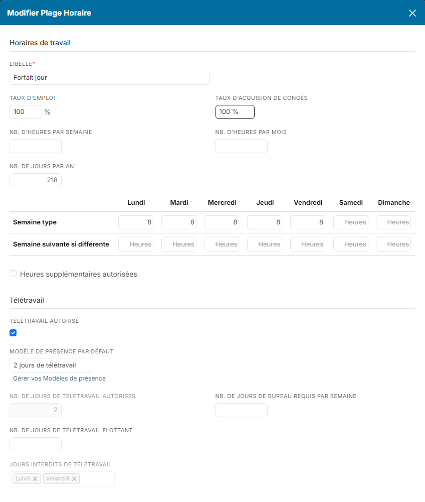 Fenêtre Modifier Plage Horaire : cartes Horaires de travail et Télétravail