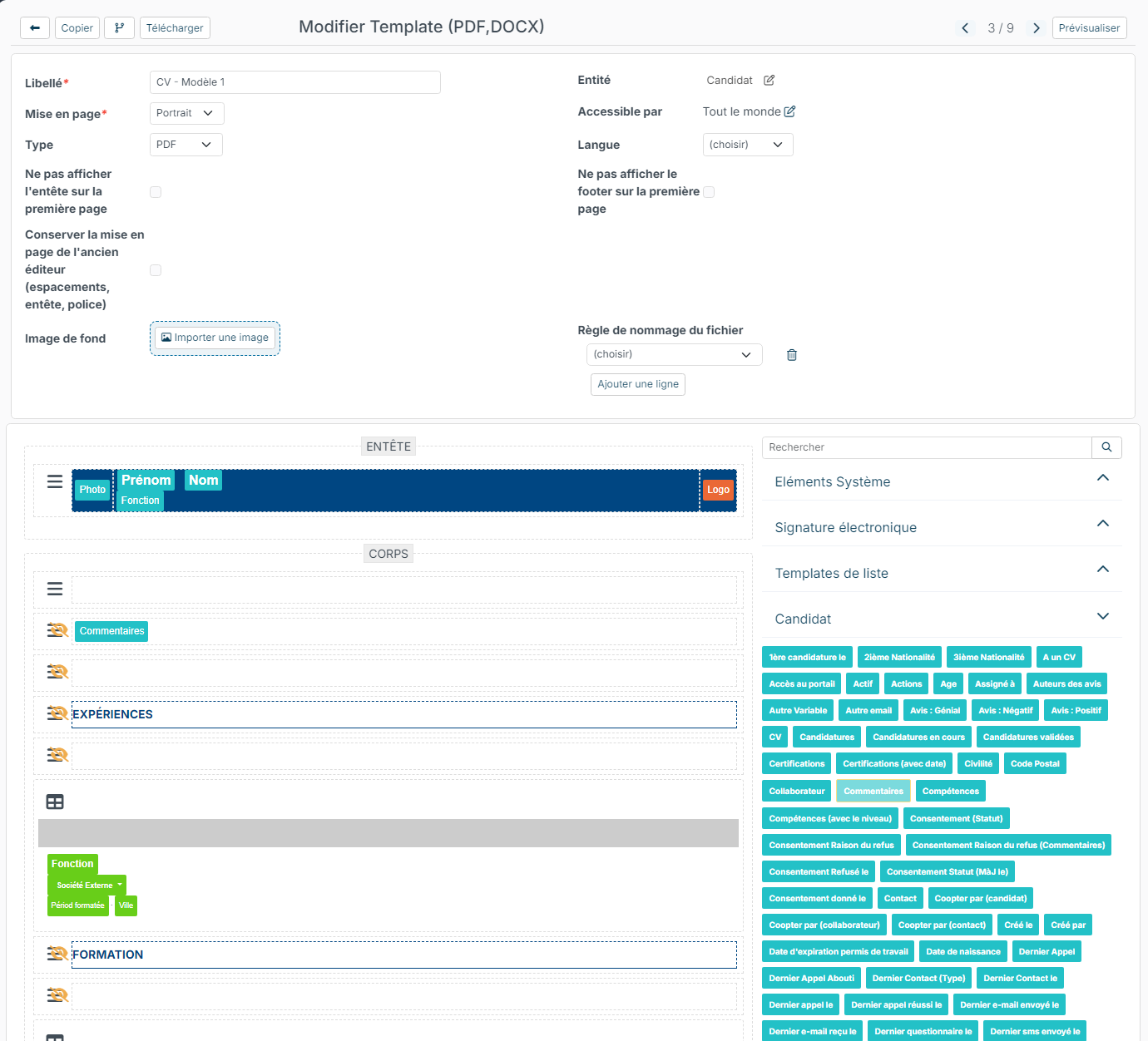 Template page: settings at the top, layout on the left and data on the right
