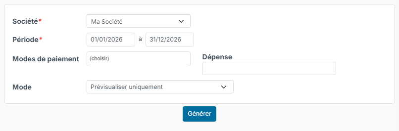 Écran d'export des notes de frais