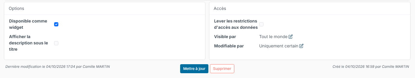 Blocs Options et Accès de la page Modifier Rapport, avec la case Disponible comme widget cochée