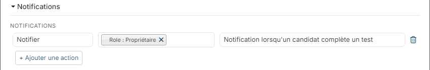 Section Notifications : une action Notifier le propriétaire du job avec un modèle de notification