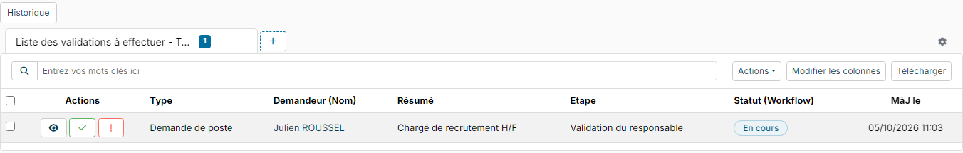 Liste des validations à effectuer avec une demande de poste en attente