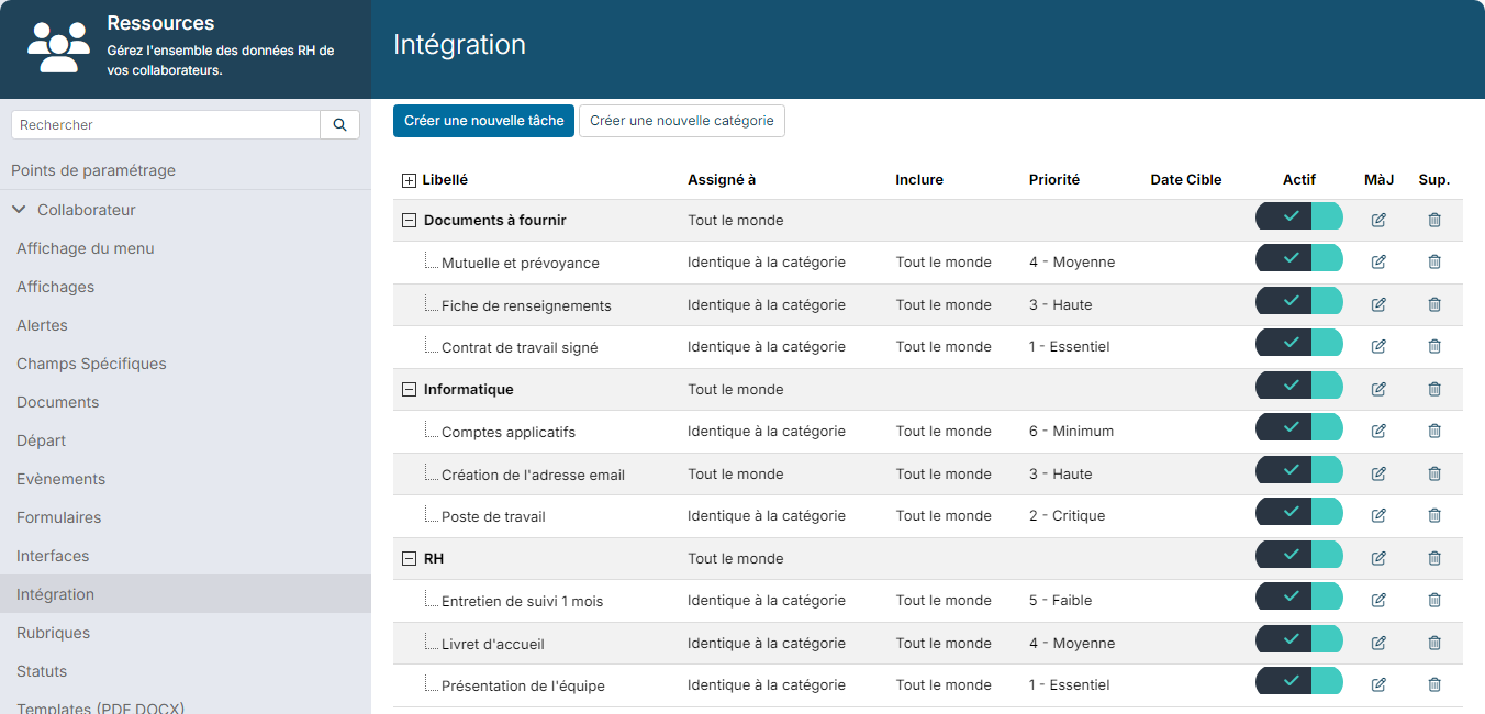 Resources module customizing, Onboarding section: categories and tasks