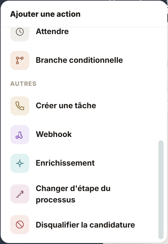 Liste Ajouter une action : logique et autres actions