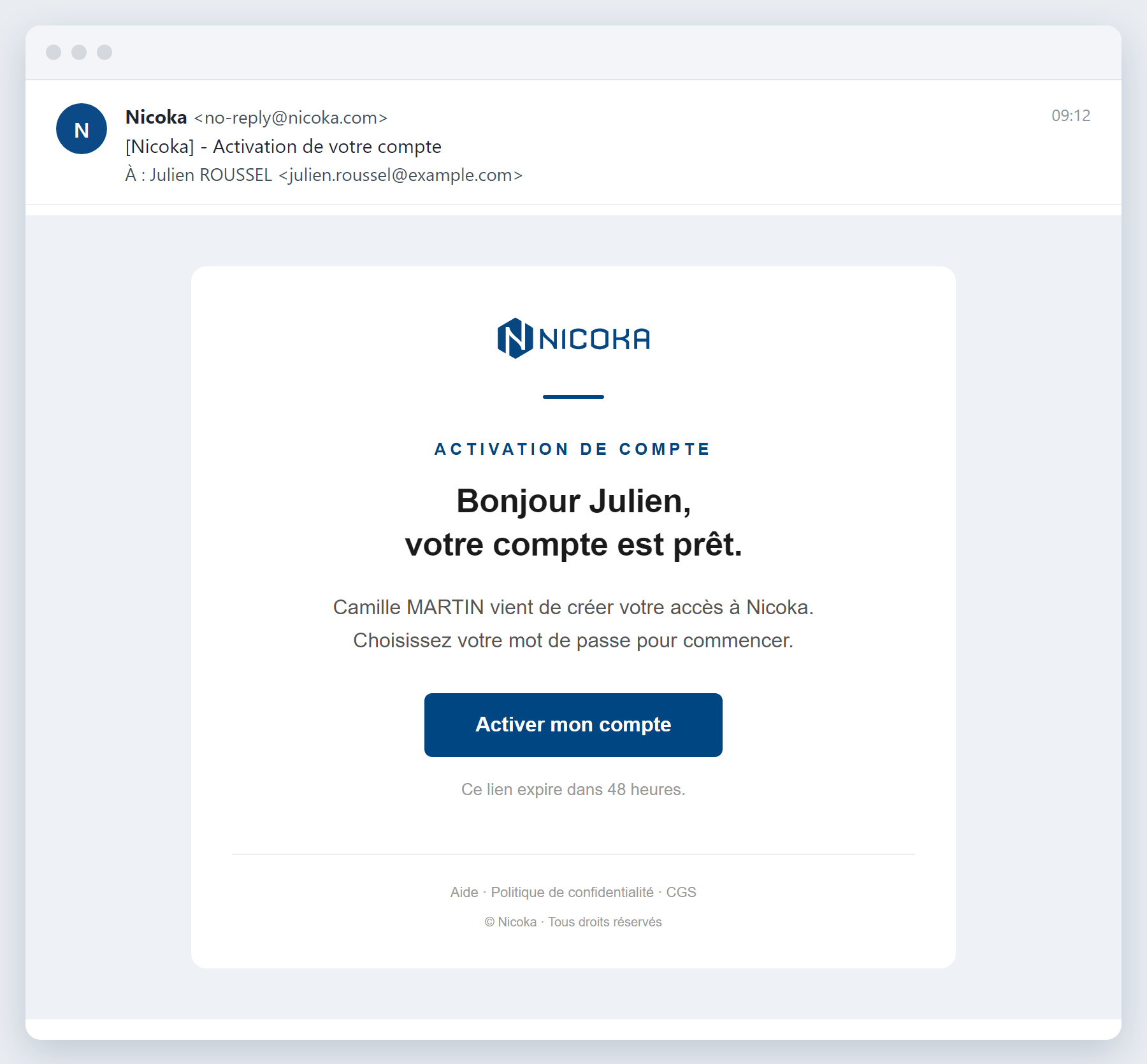 Nicoka account activation email