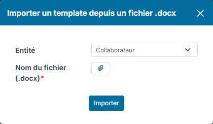 Import a template from a .docx file window with the Entity and file name fields