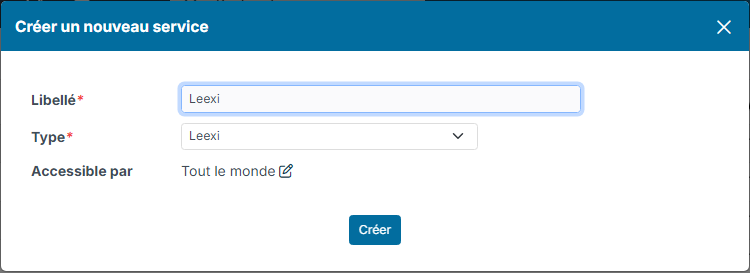 Fenêtre Créer un nouveau service avec le type Leexi