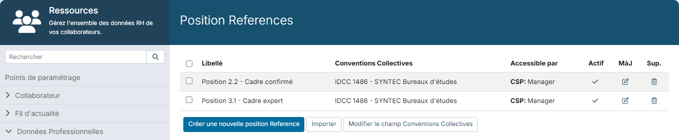 Liste des Position References rattachées à la convention SYNTEC