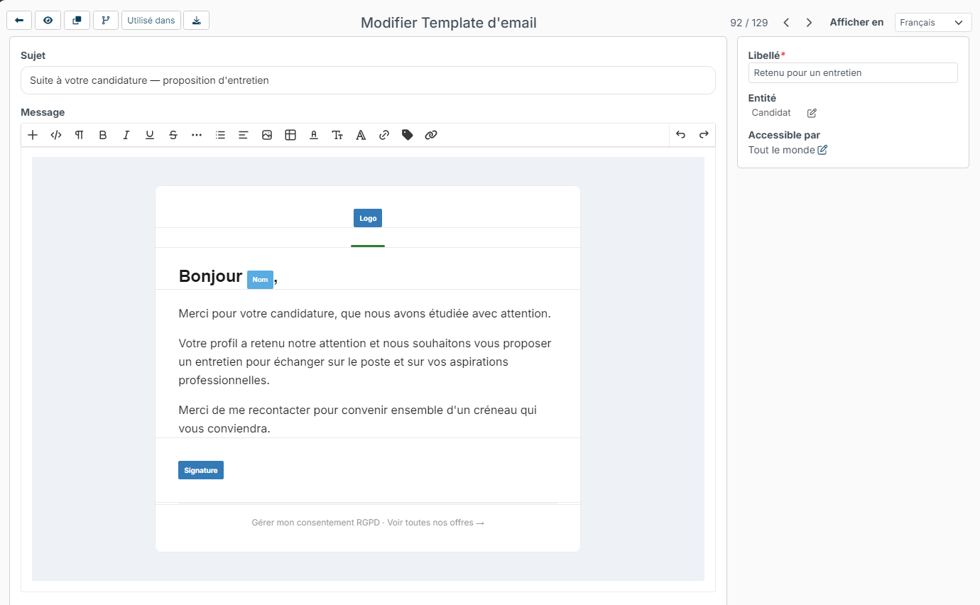 Update Email Template page: buttons at the top left, subject, message and the Label, Entity, Available for panel
