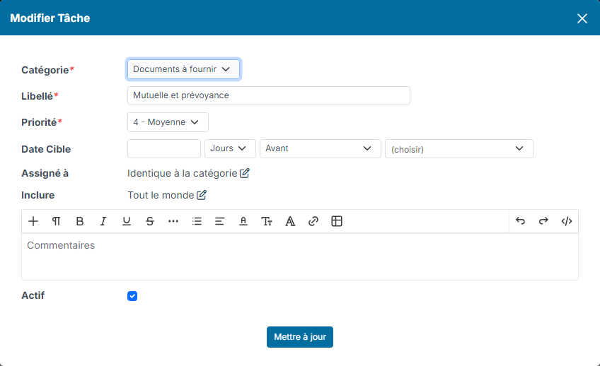 Update Task window with the target due date