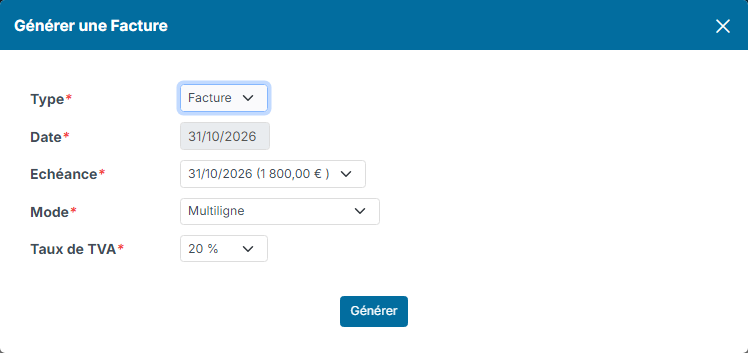 Generate Invoice window for a deadline: type, date, deadline, mode and VAT rate