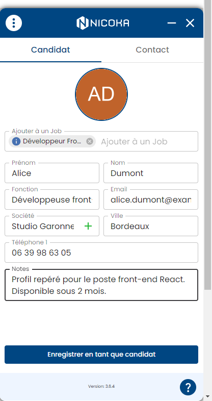 Onglet Candidat pré-rempli : job choisi, prénom, nom, fonction, email, société, ville, téléphone et notes