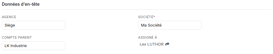 Bloc Données d'en-tête : le champ Compte Parent porte le compte du groupe