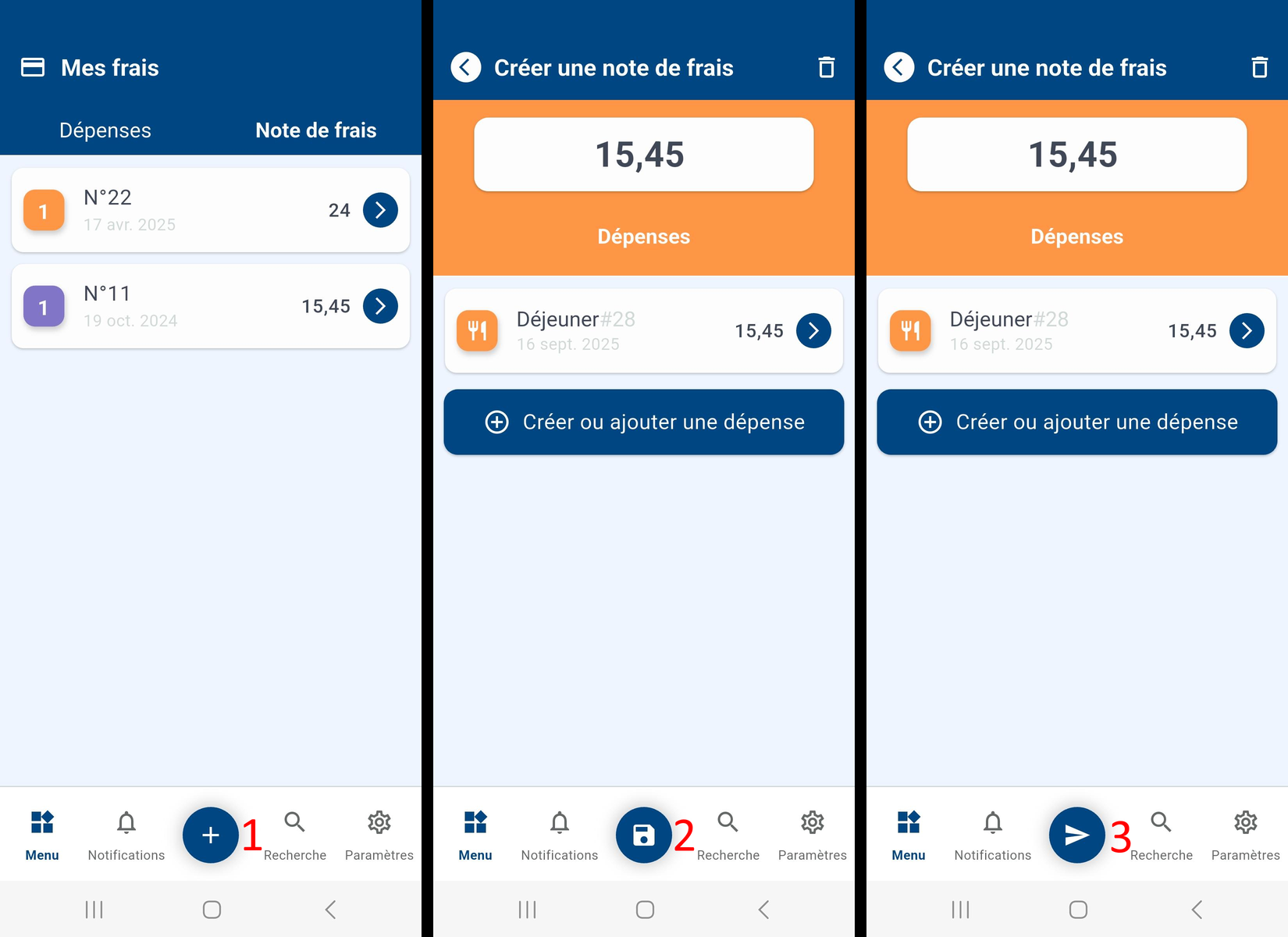 Creating an expense report in the app, in three numbered screens