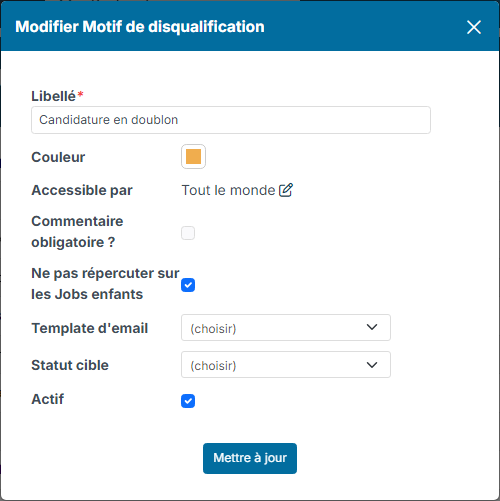 Fenêtre d'un motif de disqualification