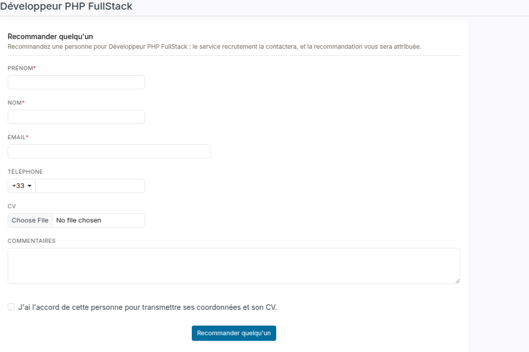 Page Recommander quelqu'un avec les coordonnées de la personne, son CV, un commentaire et la confirmation de son accord