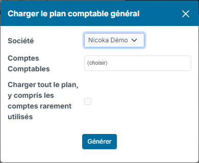 Fenêtre Charger le plan comptable général : société, classes de comptes et case pour charger tout le plan