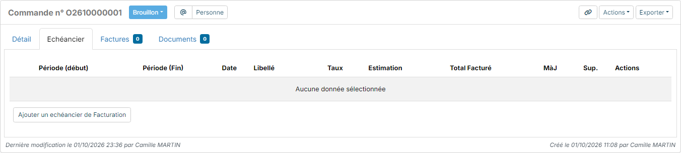 Billing schedule tab of an order without a schedule, with the button to add a billing plan