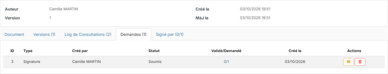 Requests tab of the document: signing request, pending status, 0/1 approved, reminder and delete buttons