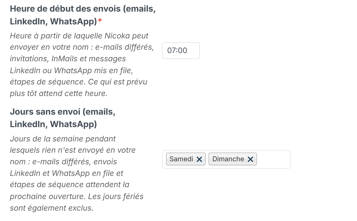 Réglages des heures et des jours d’envoi
