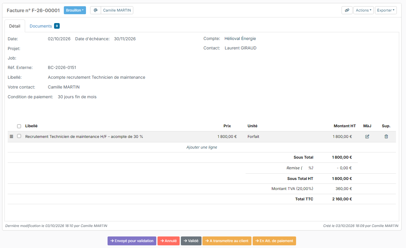 Draft invoice with one line, the totals and the step buttons
