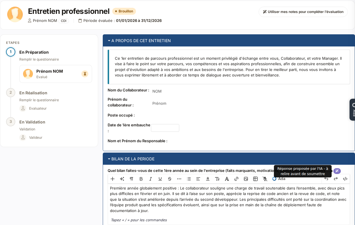 Entretien en brouillon : bouton Utiliser mes notes pour compléter l'évaluation et réponse marquée Réponse proposée par l'IA