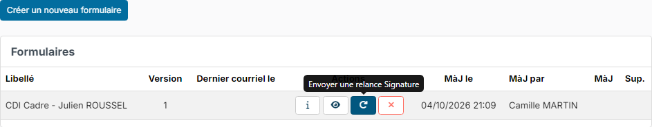 Form being signed with the information, preview, reminder and cancel icons