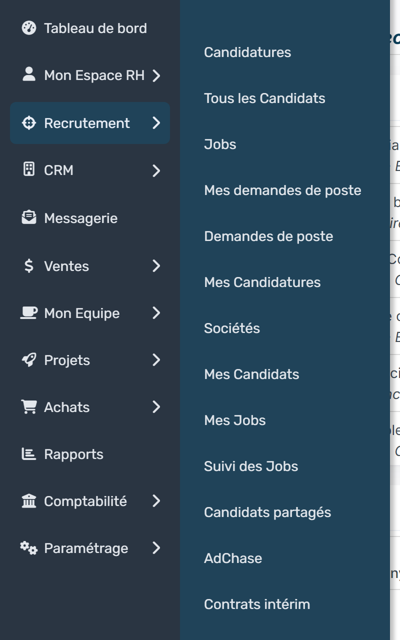 Side menu with the Recruitment section opened and the Jobs entry