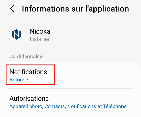 Nicoka app information in Android: notifications allowed