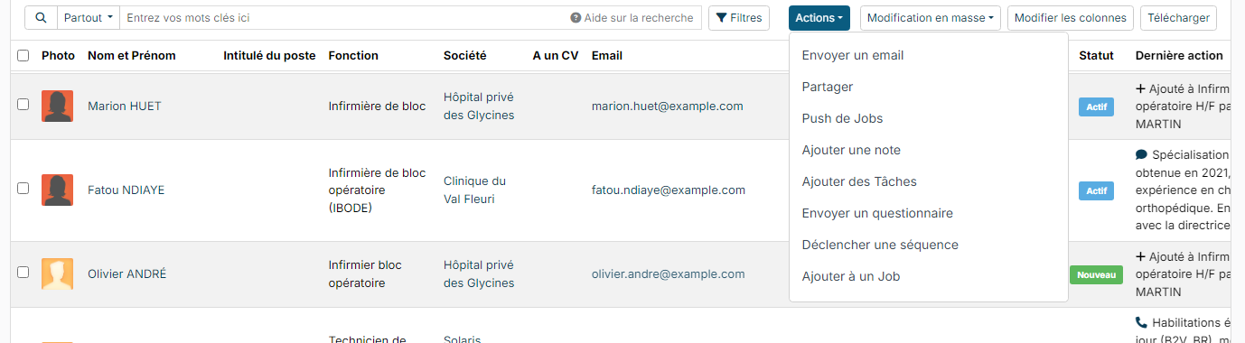 Liste des candidats avec trois candidats cochés et le menu Actions ouvert sur Push de Jobs