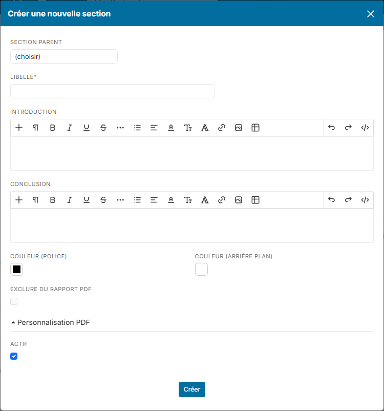 Section creation window
