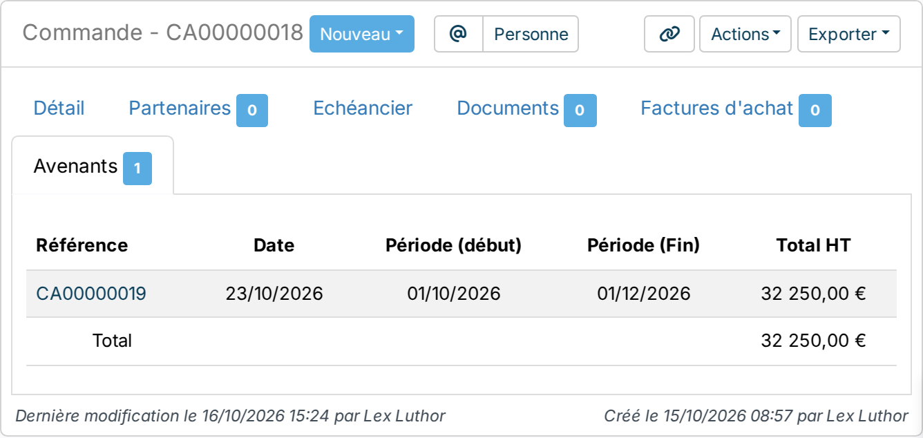 Onglet Avenants du contrat d'origine : référence, date, période et montant HT de chaque avenant