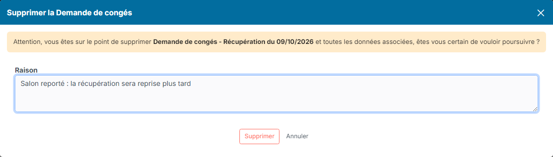 Delete TimeOff Request window with the Reason field
