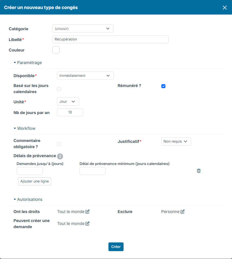 Create a new timeOff Type window: recovery label and yearly limit